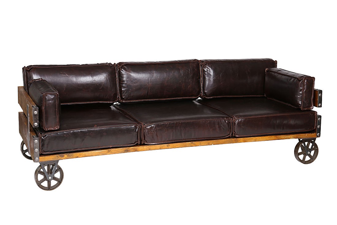 Leather Industrial Sofa With Wheels , Royal Black - Akku Art Exports