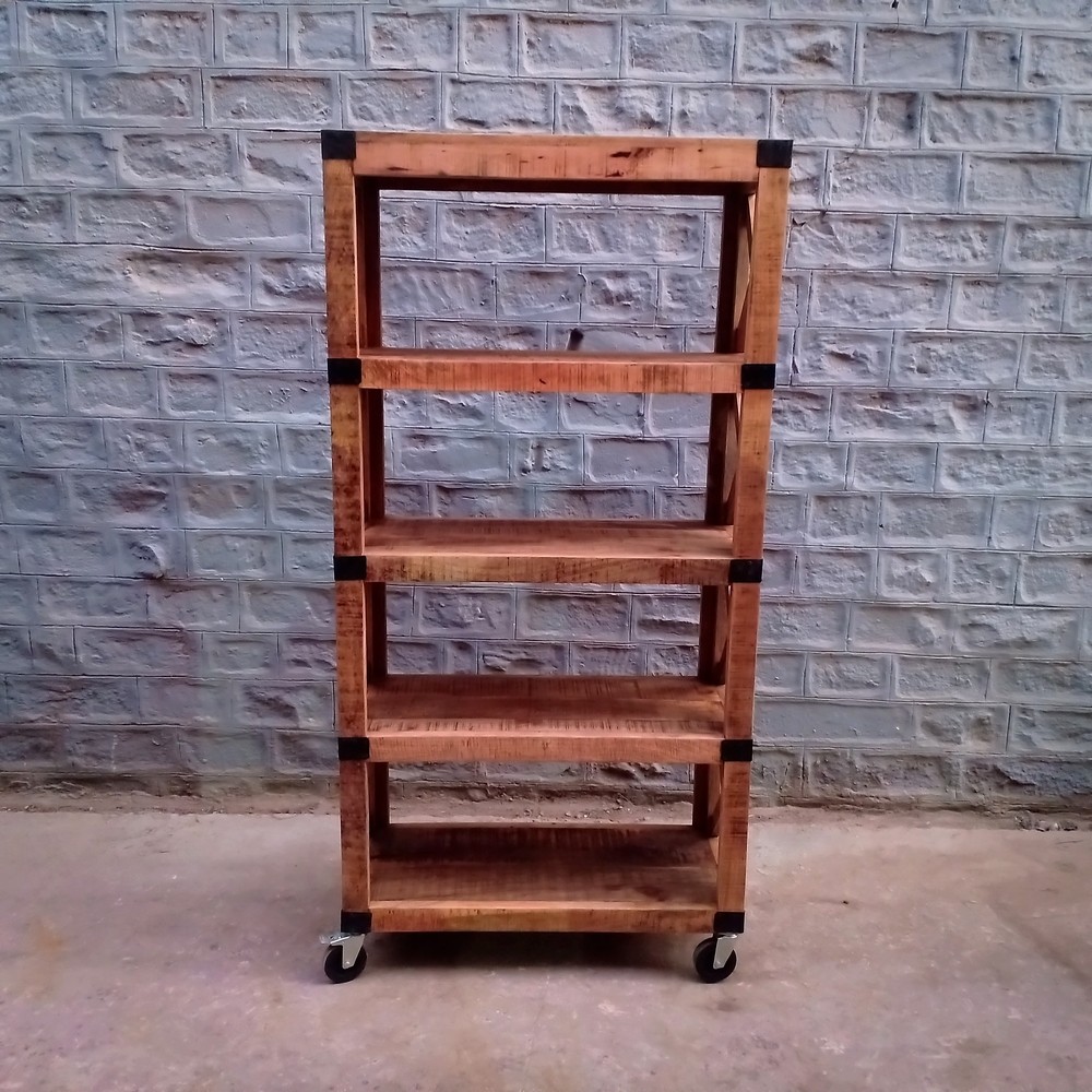 Wooden Bookcase Industrial Bookshelf, Wood Bookcase On Wheels